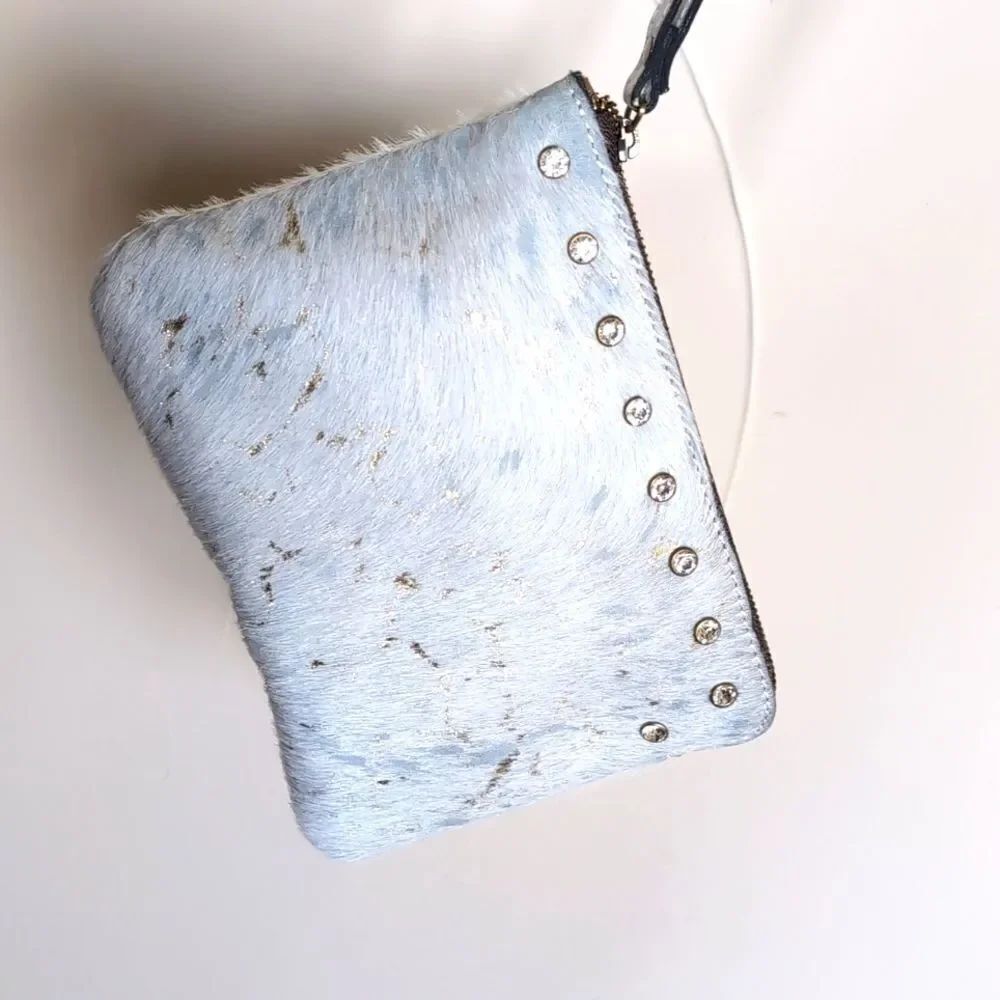 Patricia Nash Cassini White/Aqua Metallic Cow Hair Medium Clutch With Crystals - Picture 15 of 16